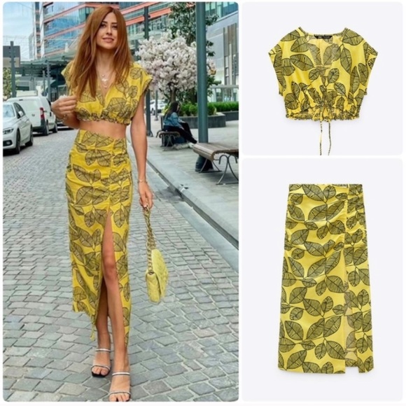 ZARA 2 PIECE LINEN CROPPED TOP AND RUCHED SKIRT - Picture 2 of 11